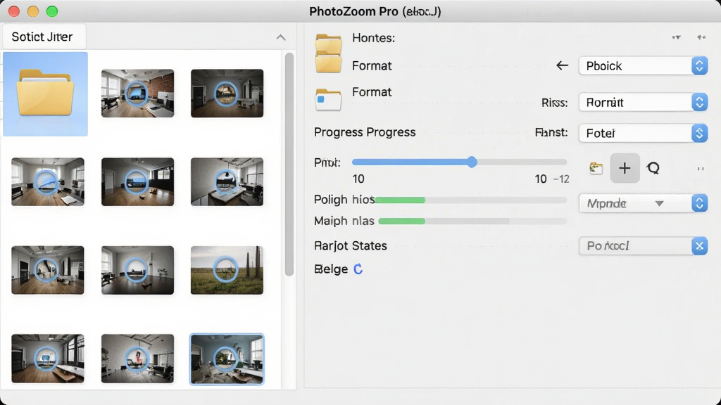 PhotoZoom Pro 批量处理面板界面,左侧为待处理图片列表缩略图,右侧为输出参数设置区域,中间显示进度条与任务状态,界面风格为浅色简约商务风,布局清晰分区,细节包含文件夹图标与格式下拉框,画质高清干净,无多余元素
