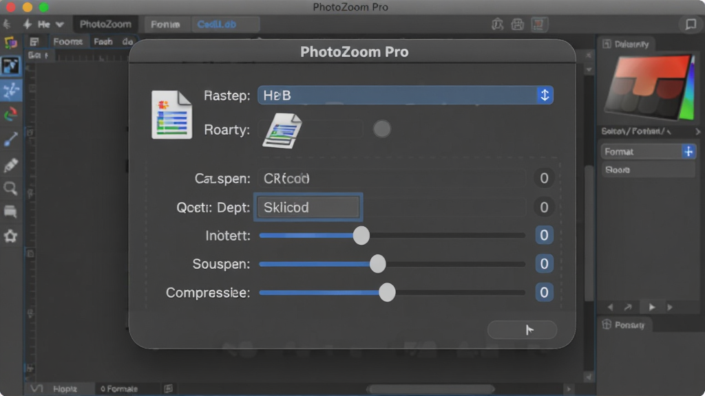 PhotoZoom Pro 导出设置窗口,显示格式选择、色彩空间、位深与压缩质量选项,背景为软件工作区局部,界面风格为柔和圆角卡片式,布局为弹出对话框,细节包含格式图标与质量滑块,画质高清干净,无多余元素
