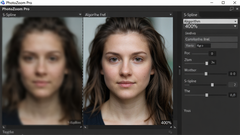 PhotoZoom Pro 软件中 S-Spline 算法正在处理一张人物肖像,放大倍数显示为 400%,画面对比区清晰展示原图模糊与处理后锐利的差异,界面风格为专业软件深灰配色,布局为三栏对比结构,细节包含算法下拉菜单与参数滑块,画质高清干净,无多余元素