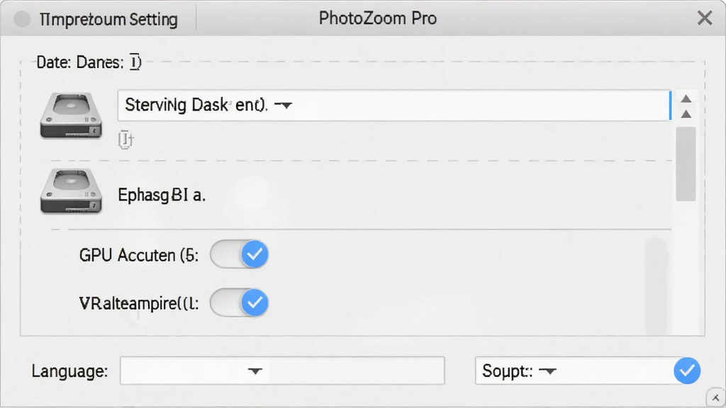 PhotoZoom Pro 软件首选项设置界面,显示暂存盘选择、GPU 加速开关与语言切换选项,界面风格为浅灰质感商务风,布局为纵向设置列表,细节包含磁盘图标与勾选框,画质高清干净,无多余元素