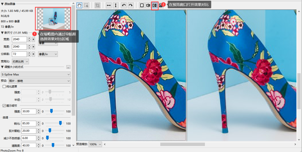PhotoZoom Pro 操作界面 图片放大效果对比