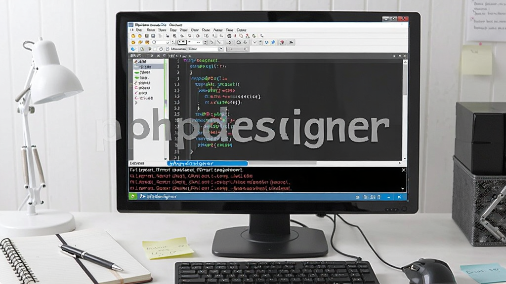 AI��ͼ��������һ̨Windows������Ļ��ʾphpdesigner�������棬�Ա���һ���ʼǱ���һ֧�ʣ���Ļ�ϴ���༭����PHP���룬�ײ��д�����ʾ��Ϣ���������С�phpdesigner�����ƣ�����Ϊ���温�ӽǶȣ����칫дʵ��ϸ�ڰ������̡���ꡢ��ǩֽ����������������ɾ����޶���Ԫ��