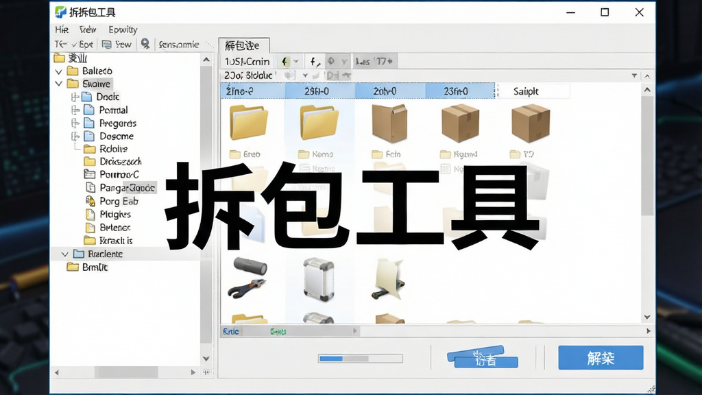一张展示拆包工具软件界面的图片,主体是电脑屏幕上打开的拆包工具窗口,左侧为文件目录树,右侧为解包后的资源列表,画面中央有醒目的软件名称“拆包工具”字样,布局为软件截图风格,排版干净整齐,风格为现代科技感,细节包括文件夹图标、进度条、解包按钮,画质清晰,干净,无多余元素