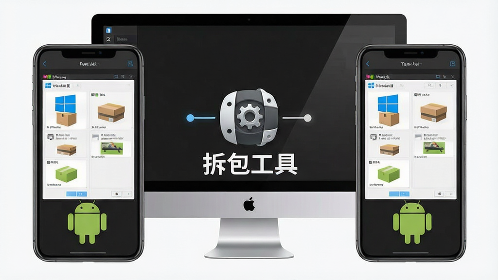 一张展示拆包工具双平台兼容的图片,主体是一台电脑和一部手机并排显示拆包工具界面,布局为左右对称,排版中间有“拆包工具”连接图标,风格为现代简约风,细节包括Windows和安卓图标,画质清晰,干净,无多余元素