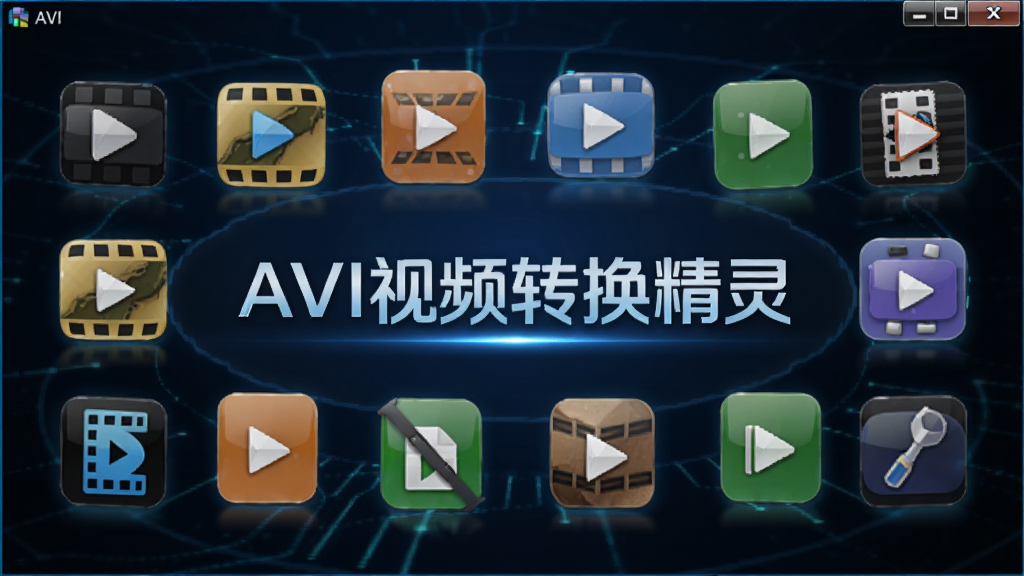 AVI视频转换精灵格式支持界面,画面中展示多种视频格式图标围绕软件名称“AVI视频转换精灵”排列,风格科技感强,布局对称,细节清晰,画质干净