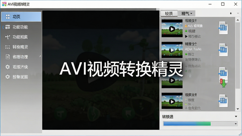 AVI视频转换精灵软件主界面截图,画面中央展示软件名称“AVI视频转换精灵”,左侧为功能导航栏,右侧为视频文件列表和转换进度条,整体布局清晰,风格简洁现代,画质清晰,干净无多余元素