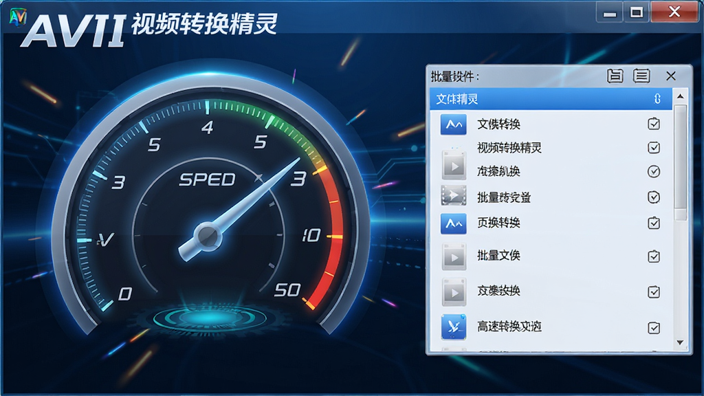 AVI视频转换精灵高速转换引擎示意图,画面展示软件名称“AVI视频转换精灵”以及速度仪表盘和批量文件列表,风格动感现代,细节丰富,画质清晰,无多余元素