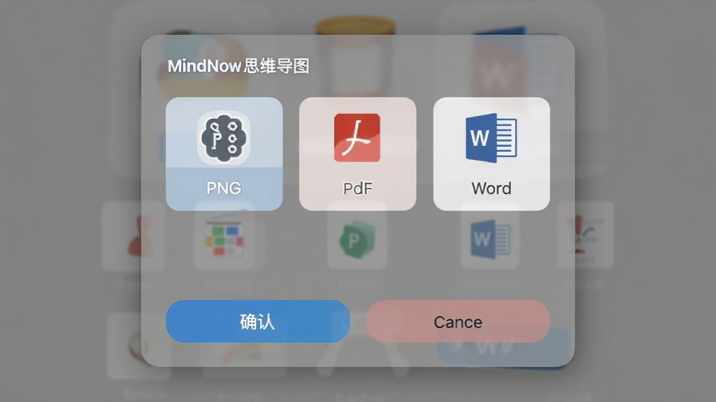 MindNow思维导图导出格式选择弹窗,画面中央为导出设置面板,列出PNG、PDF、Word等图标按钮,背景为半透明灰色遮罩,风格为现代扁平化,细节包括按钮带有图标与文字、面板边角圆润、底部有确认与取消按钮,画质清晰,无多余装饰