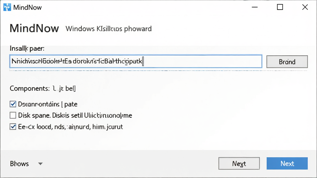 MindNow思维导图Windows安装向导界面截图,画面显示安装路径选择与组件勾选选项,背景为白色,风格为简洁安装界面,细节包括路径输入框、浏览按钮、磁盘空间提示、下一步按钮,画质清晰,无多余元素