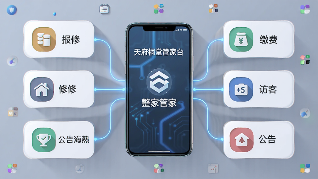一张天府桐堂管家功能整合的概念图,画面以手机屏幕为中心,四周环绕报修、缴费、访客、公告等图标模块,用连线汇聚到中央,布局对称,风格扁平化科技感,细节清晰,画质干净,无多余元素
