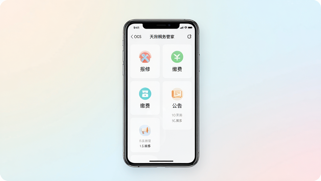 一张展示天府桐堂管家手机应用主界面的产品预览图,画面中央是一部智能手机,屏幕显示社区服务功能卡片布局,包括报修、缴费、公告等图标,背景为柔和浅色渐变,整体风格简洁现代,画质清晰干净,无多余元素