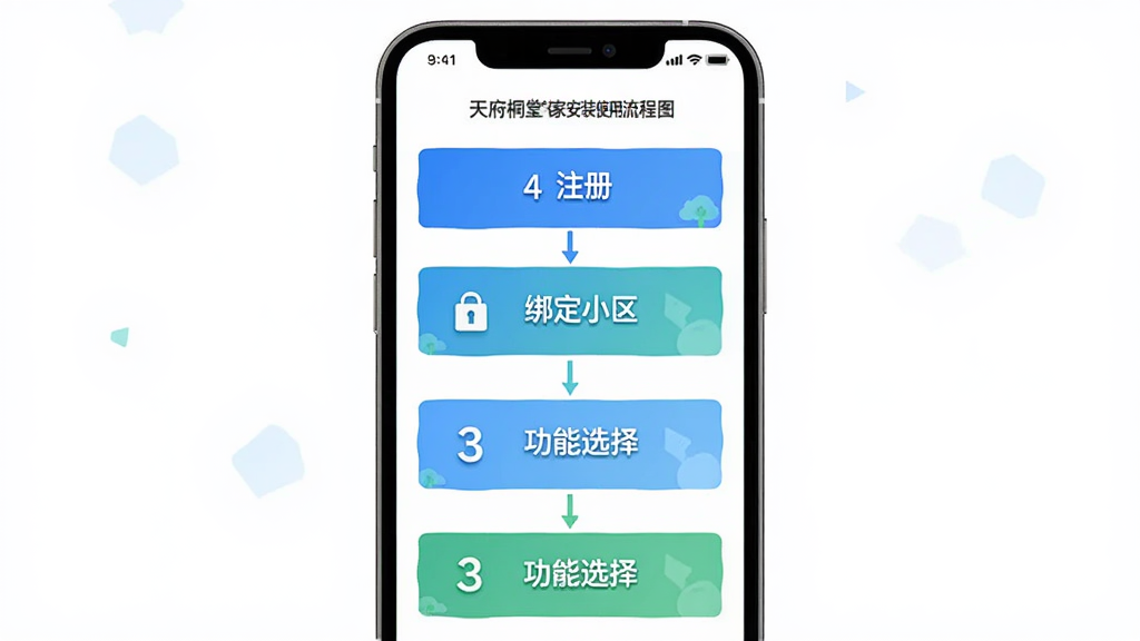 天府桐堂管家安装使用流程图,画面以手机界面分步展示注册、绑定小区、功能选择三个步骤,布局从上到下依次排列,风格清新扁平,细节明确,画质清晰,无多余元素