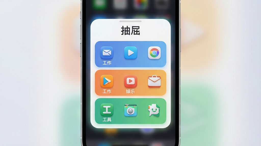 一款手机屏幕界面,屏幕中央展示一个带有“抽屉”标识的智能收纳面板,面板内部分为工作、娱乐、工具三个彩色分区,每个分区内图标排列整齐,面板边缘有柔和光晕,布局为竖屏正面展示,风格科技清新,细节上图标带有微立体效果,画质清晰干净,无多余元素