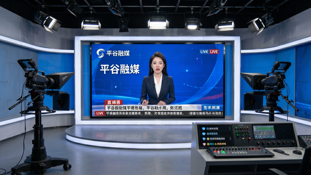 画面为一个直播演播室场景,中央大屏幕上显示“平谷融媒”直播画面,画面中有主持人正在播报新闻,屏幕下方有滚动字幕和互动评论区,周围有摄像机、灯光设备和导播台,整体布局为演播室全景视角,风格为现代广电演播室写实风,细节上突出屏幕中的直播画面和评论互动区域,画质高清干净,无多余元素。