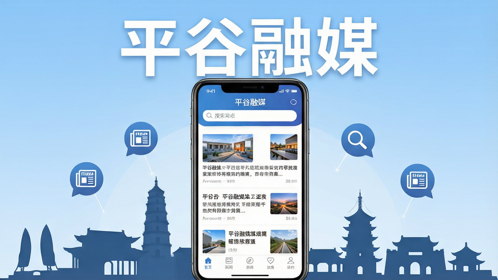 画面中央展示一部智能手机,手机屏幕上显示“平谷融媒”APP的首页界面,界面中包含新闻资讯列表、顶部搜索栏和底部导航栏,手机两侧环绕着平谷地标建筑剪影和新闻图标,整体布局采用居中对称式排版,风格为现代扁平化科技风,细节上突出屏幕内的图文内容和品牌标识,画质清晰干净,无多余元素,背景为浅蓝色渐变,文字“平谷融媒”以白色大号字体显示在屏幕上方。
