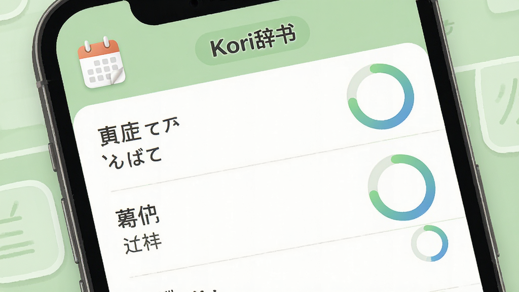 画面展示手机屏幕显示生词本列表界面,列表项包含日语单词、假名注音与中文释义,右侧有复习进度环,屏幕上方有日历提醒图标,背景为浅绿色学习主题色,风格为清新教育类App界面展示,细节包括列表分隔线、进度环渐变、图标圆角,画质干净清晰,无多余元素,画面中文字标注“Kori辞书”