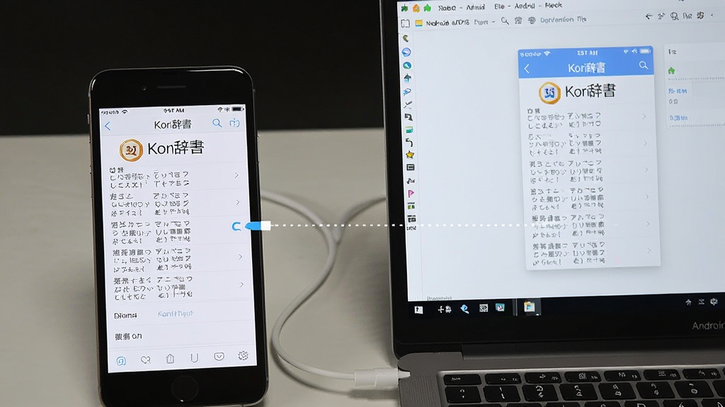 画面展示一部手机与一台笔记本电脑并排摆放,手机屏幕显示日语词典查询界面,电脑屏幕显示安卓模拟器运行同一应用,两者之间用虚线连接表示数据同步,背景为浅灰色桌面,风格为科技产品对比展示图,细节包括屏幕内容、设备边框、连接线,画质清晰,无多余元素,画面中文字标注“Kori辞书”