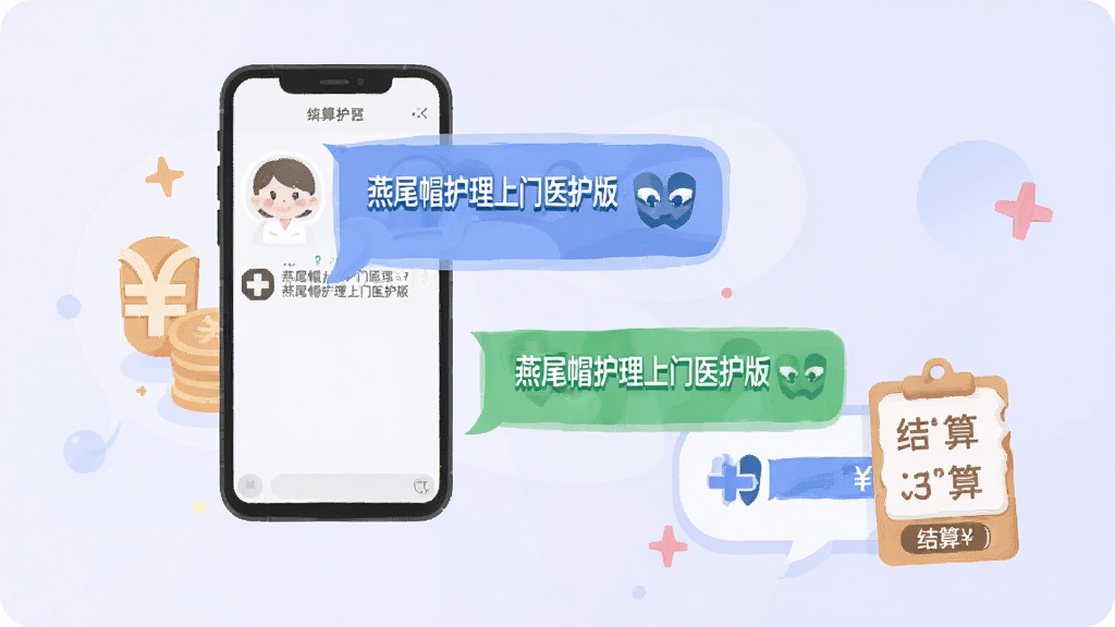 画面展示两部手机之间的对话气泡,气泡中包含“燕尾帽护理上门医护版”的文字标识和聊天内容,旁边有人民币符号和结算清单图标。背景为淡紫色渐变,画面简洁明快,采用扁平化矢量插画风格,细节清晰,画质干净,无多余元素。