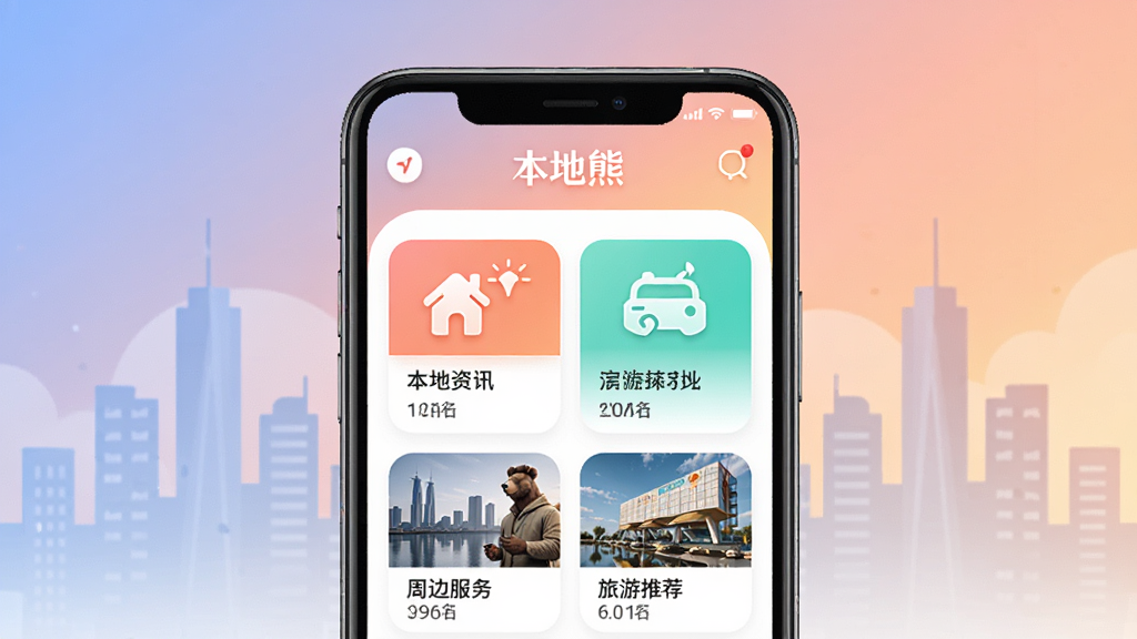 本地熊App主界面展示,画面中央放置一部智能手机,屏幕显示本地熊应用首页,包含本地资讯、周边服务、旅游推荐等模块图标,背景为简洁的城市剪影与柔和渐变色调,风格清新现代,细节清晰,画质干净,无多余元素