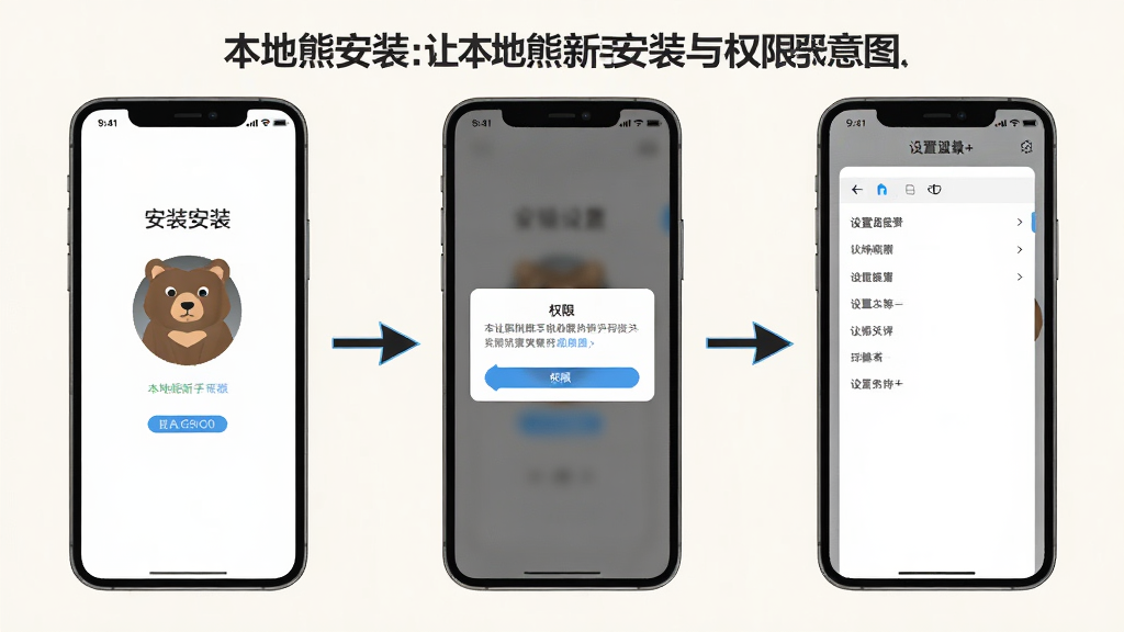 本地熊新手安装与权限设置示意图,画面展示手机屏幕依次呈现安装界面、权限弹窗和设置菜单,用箭头引导操作步骤,背景为浅色,风格简洁直观,画质清晰,无多余元素