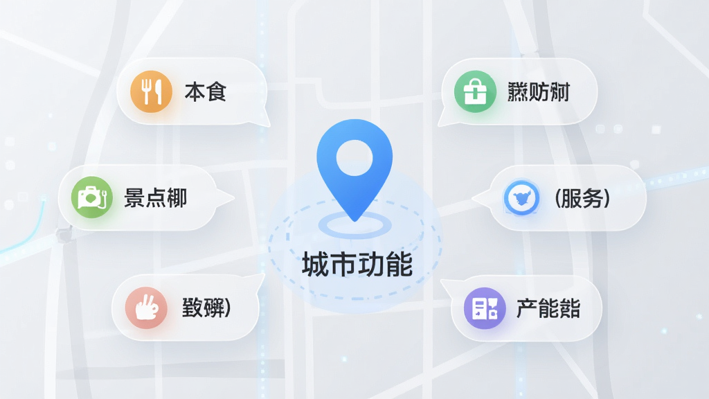 本地熊智能定位推荐功能示意,画面中心为定位图标与城市名称,周围环绕推荐内容气泡,包含美食、景点、服务等标签,背景为浅灰色调,风格简约科技感,画质干净,无多余元素