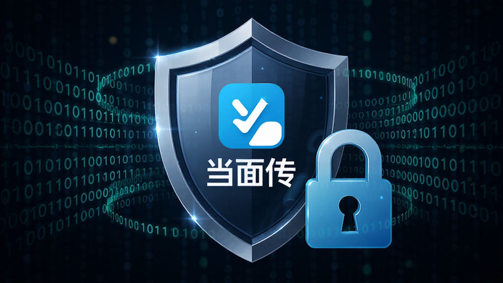 一张展示当面传安全隐私保护功能的图片,画面主体是一个盾牌图标和锁形图标,盾牌中央显示当面传的Logo,周围环绕着数据加密的二进制代码,背景是深色系,风格为安全防护,细节包括盾牌上的高光反射和代码的流动感,画质高清,干净,无多余元素