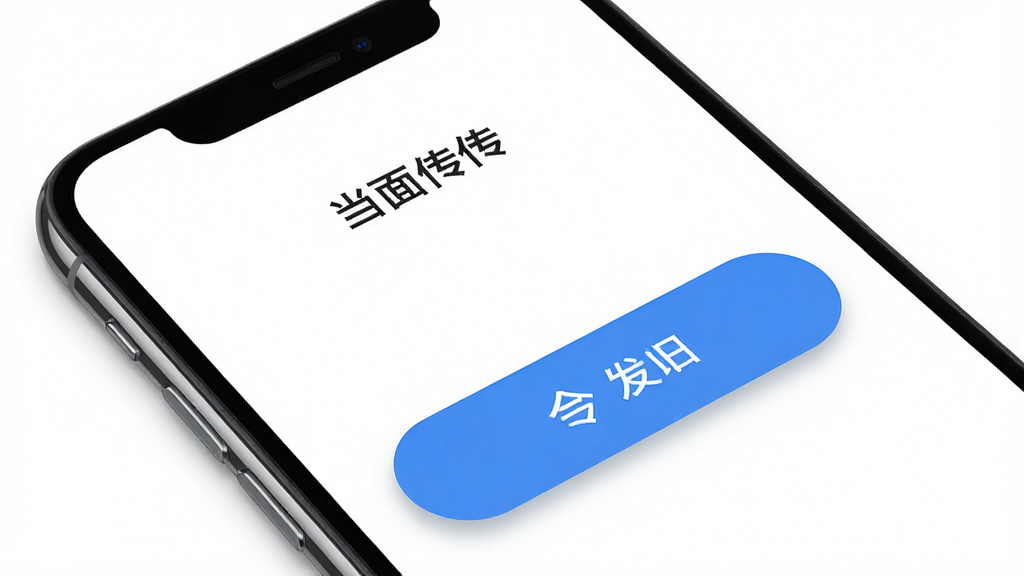 一张展示当面传简洁易用界面的图片,画面主体是一部智能手机,屏幕上显示着当面传的软件主界面,界面设计极简,只有发送和接收两个大按钮,背景是纯白色,风格为清新简约,细节包括按钮的圆角和阴影效果,画质高清,干净,无多余元素