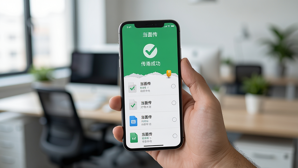 一张展示当面传使用指南的图片,画面主体是一只手拿着智能手机,屏幕上显示着当面传的文件传输成功界面,背景是模糊的办公室环境,风格为真实生活场景,细节包括手机屏幕上的对勾图标和文件列表,画质高清,干净,无多余元素