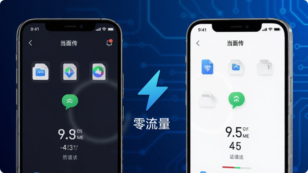 一张展示当面传极速零流量传输功能的图片,画面主体是两部智能手机,屏幕上都显示着当面传的传输界面,中间有闪电形状的图标和零流量字样,背景是深蓝色渐变,风格为科技动感,细节包括手机界面上的文件图标和速度数值,画质高清,干净,无多余元素