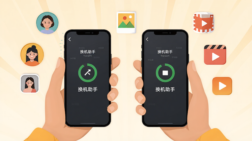 一个人拿着两部手机,屏幕上显示S 换机助手正在传输数据的界面,周围有联系人、照片、视频等图标漂浮,温暖明亮色调,扁平插画风格,画面干净整洁,4K画质