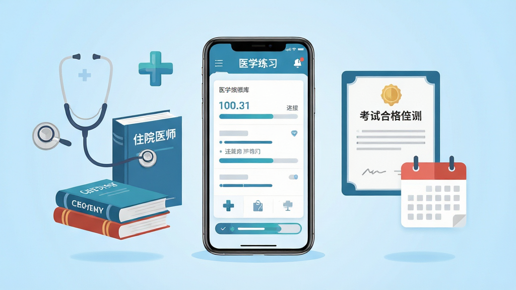 住院医师考试宝典软件主界面全貌展示,画面中央放置一部智能手机,屏幕显示医学题库练习界面,左侧漂浮听诊器与医学书籍,右侧漂浮考试合格证书与日历图标,背景为干净的浅蓝色渐变,布局采用中心聚焦式,风格为扁平化科技插画,细节包含医学十字标志和进度条元素,画质清晰,干净,无多余元素
