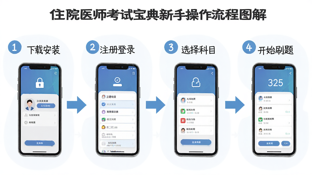 住院医师考试宝典新手操作流程图解展示,画面采用流程图布局,从左到右依次展示下载安装、注册登录、选择科目、开始刷题四个步骤,每个步骤配以对应的手机界面缩略图,风格为简洁教程插画,细节包含箭头指引和步骤编号,画质清晰,干净,无多余元素