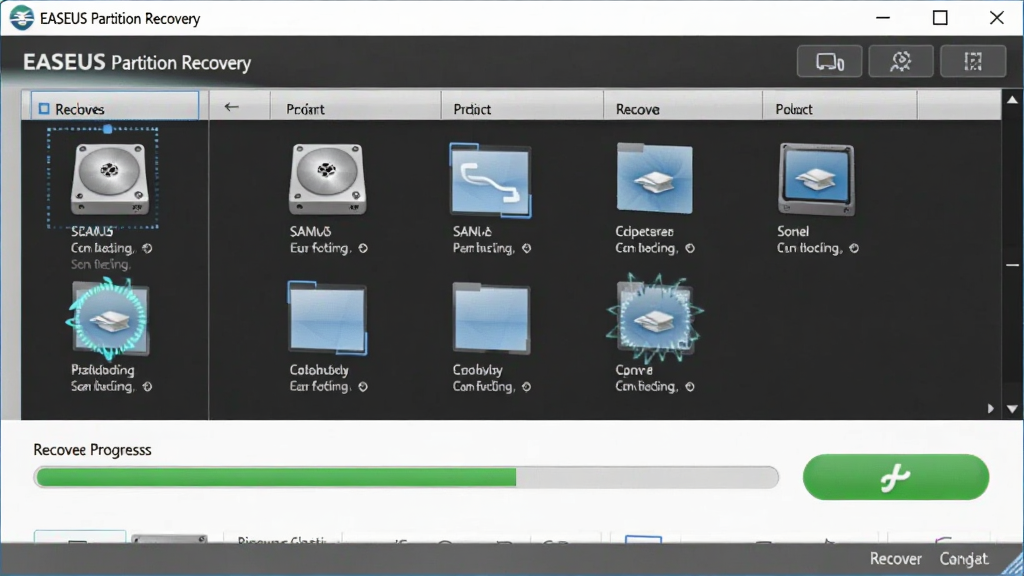һ��չʾEASEUS Partition Recovery���������ͼƬ������Ϊ������Ļ��ʾ���ݻָ������������棬����Ϊ���й�ͼ����Ļ����ʾ�����б��ͻָ����������Ű������������Ϊ�ִ��Ƽ��У�ϸ�ڰ���Ӳ��ͼ�ꡢɨ�趯������ɫ�ָ���ť�����ʸ��壬�ɾ����޶���Ԫ��