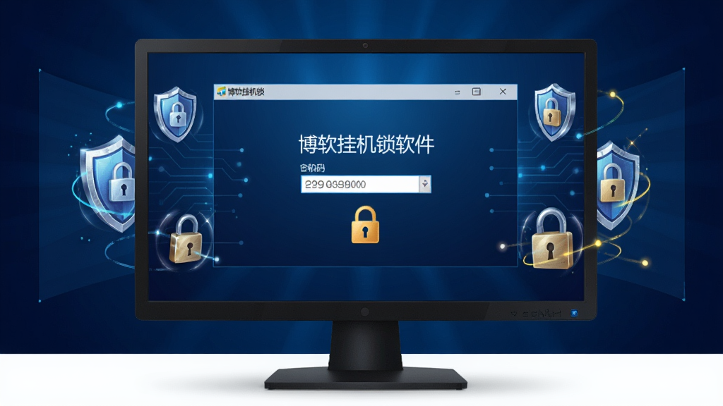 博软挂机锁软件主界面展示,画面中央是一台Windows电脑显示器,屏幕上显示博软挂机锁的锁屏界面,界面简洁带有密码输入框和锁定图标,周围环绕着盾牌、锁头等安全防护元素,背景为深蓝色渐变科技风格,细节清晰,画质干净,无多余装饰元素