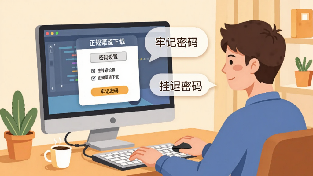 博软挂机锁新手使用场景示意图,画面展示一位用户坐在电脑前设置挂机锁密码,电脑屏幕上显示密码设置界面,旁边有提示气泡写着“牢记密码”和“正规渠道下载”等关键词,整体风格为扁平化插画风,色调温暖明亮,布局清晰,画质干净