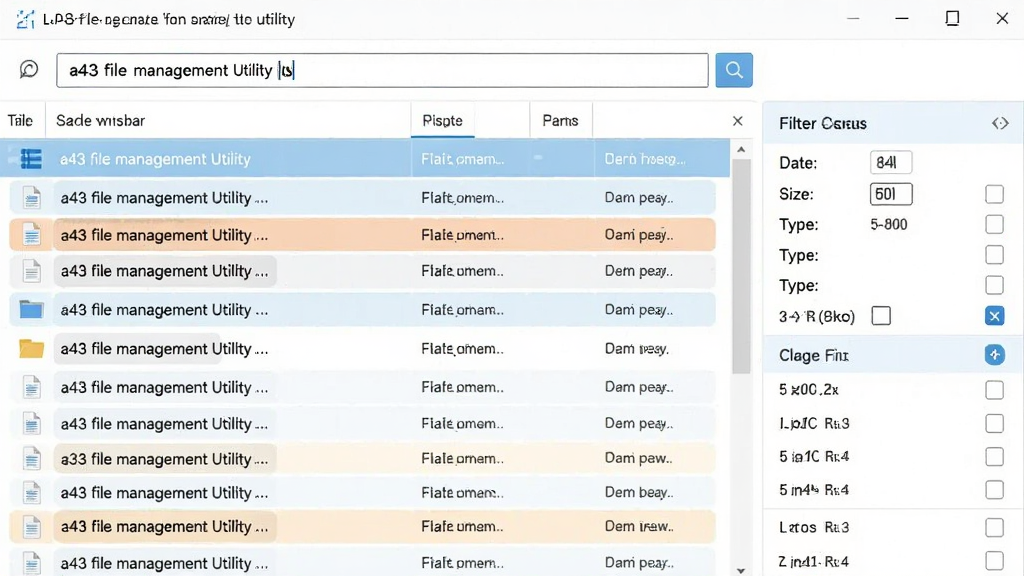 一张展示a43 file management utility搜索过滤功能的界面图片,画面中软件顶部搜索栏输入了关键词,下方文件列表实时显示匹配结果,右侧有过滤条件面板包含日期、大小、类型等筛选项,界面配色以白色和浅蓝为主,搜索结果用高亮色标注,风格简洁实用,画质清晰,画面干净无多余元素