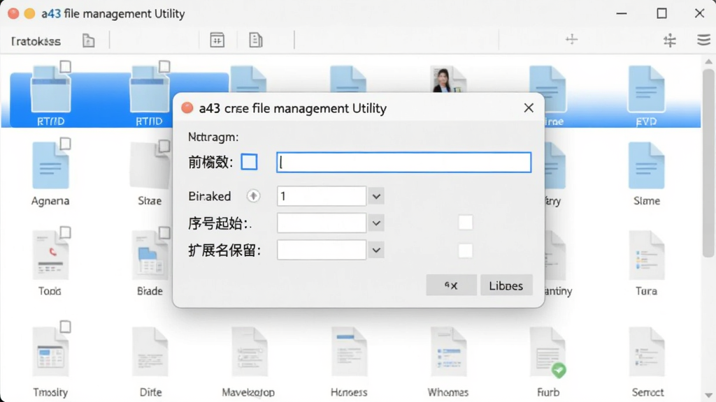 一张展示a43 file management utility批量重命名功能的界面示意图,画面中央是重命名规则设置窗口,包含前缀输入框、序号起始值、扩展名保留等选项,背景是文件列表,多个文件图标排列整齐,界面风格简洁明快,采用蓝色高亮显示选中项,画质清晰,画面干净无多余元素