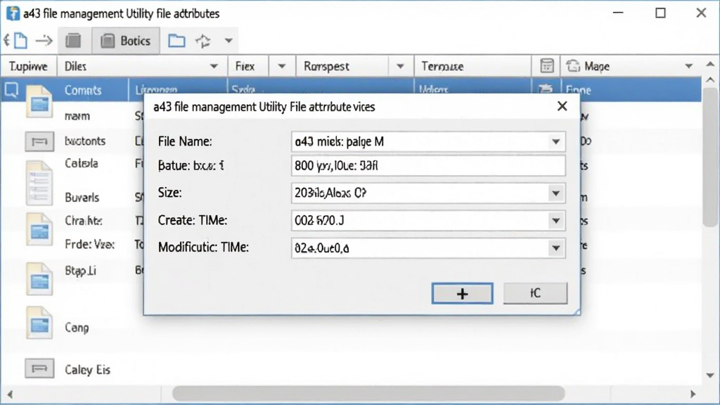 一张展示a43 file management utility文件属性查看功能的界面图,画面中弹出一个属性信息面板,清晰列出文件名、路径、大小、创建时间、修改时间等字段,背景是文件列表窗口,界面风格朴素实用,字体清晰易读,配色以白色和灰色为主,画质清晰,画面干净无多余元素