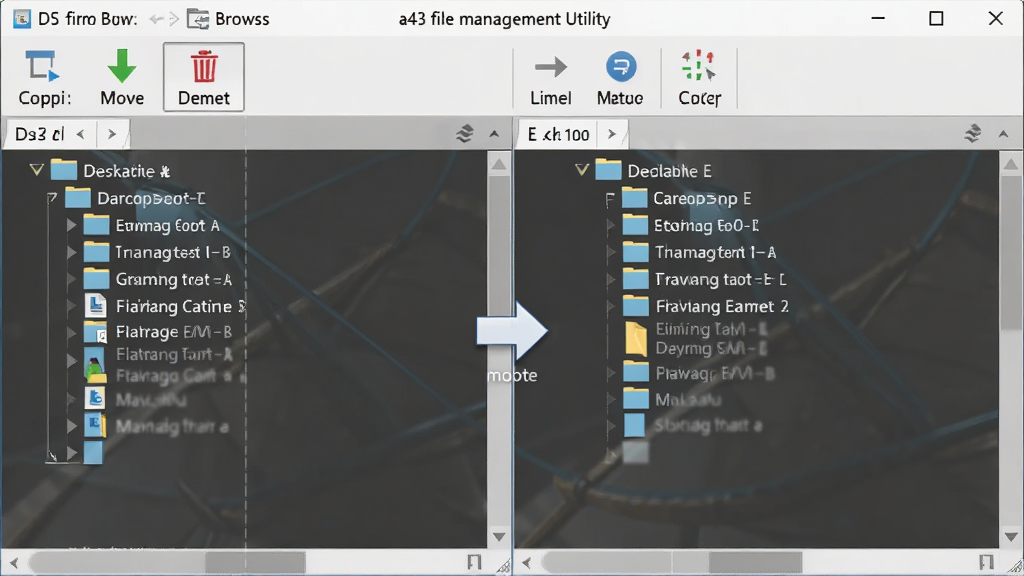 一张展示a43 file management utility双窗格浏览功能的界面截图风格图片,画面中软件窗口被分为左右两个面板,左侧面板显示D盘文件夹结构,右侧面板显示E盘文件夹结构,中间有箭头图标表示文件移动方向,界面配色清爽,顶部工具栏有复制、移动、删除等按钮,整体风格简洁专业,画质清晰,画面干净无多余元素