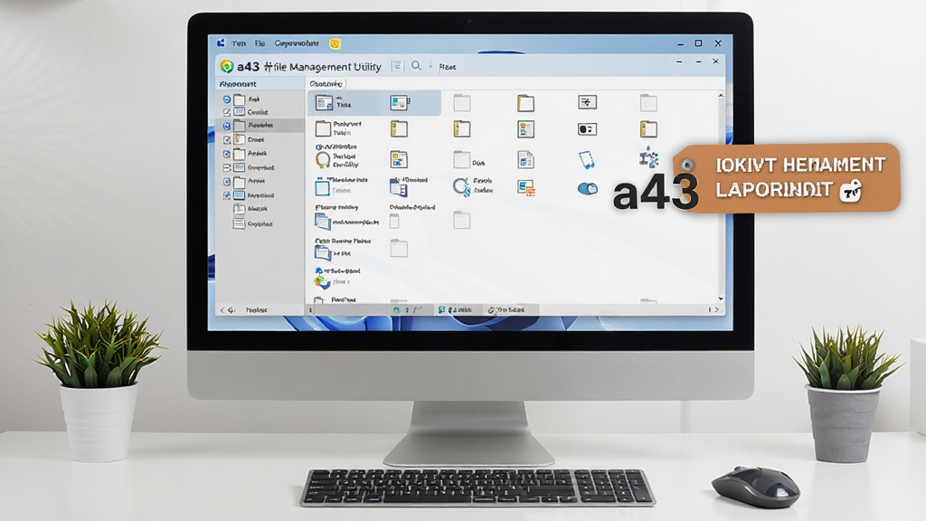 一张展示a43 file management utility使用技巧的场景图,画面中电脑屏幕上软件界面正在执行批量重命名操作,旁边有提示标签显示备份提醒和收藏夹功能,桌面整洁,有鼠标和键盘,整体风格写实清晰,配色自然,画质锐利,画面干净无多余元素