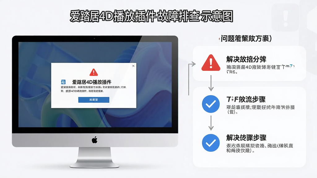 “爱踏居4D播放插件”故障排查示意图,主体为电脑屏幕显示报错弹窗与解决步骤,布局为左右分栏,左侧问题列表右侧解决方案,排版清晰,风格为简约商务风,细节包含红色警告图标、蓝色对勾图标,画质高清,干净无多余元素。