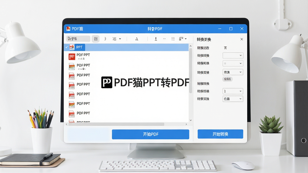 一张展示PDF猫PPT转PDF软件界面的图片,画面中央是软件主窗口,左侧显示PPT文件列表,右侧是转换参数设置面板,底部有醒目的开始转换按钮,界面采用简洁的蓝白配色方案,背景是干净的办公桌面环境,屏幕中显示软件名称 PDF猫PPT转PDF 字样,整体风格为现代扁平化设计,画质清晰,细节丰富,无多余元素