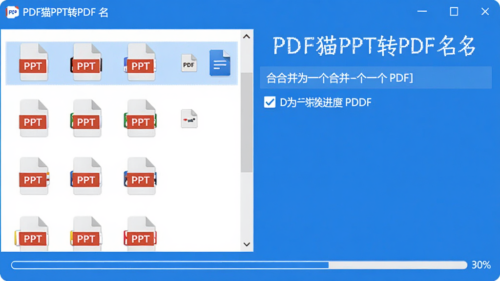 展示批量转换功能的界面截图风格图片,画面中是一个简洁的软件操作界面,左侧文件列表中有多个PPT文件图标整齐排列,右侧显示合并为一个PDF文件的选项已被勾选,底部进度条显示转换进度,界面中标注 PDF猫PPT转PDF 名称,风格清爽简约,蓝白配色,画质清晰,无多余元素