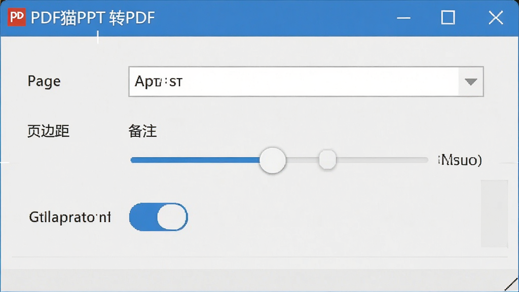 一幅展示软件输出设置面板的图片,画面中是一个参数配置界面,包含页面尺寸下拉菜单、页边距调节滑块、备注保留开关等控件,界面风格现代简洁,屏幕中显示 PDF猫PPT转PDF 软件名称,配色以浅灰和蓝色为主,细节清晰,画质高清,无多余装饰