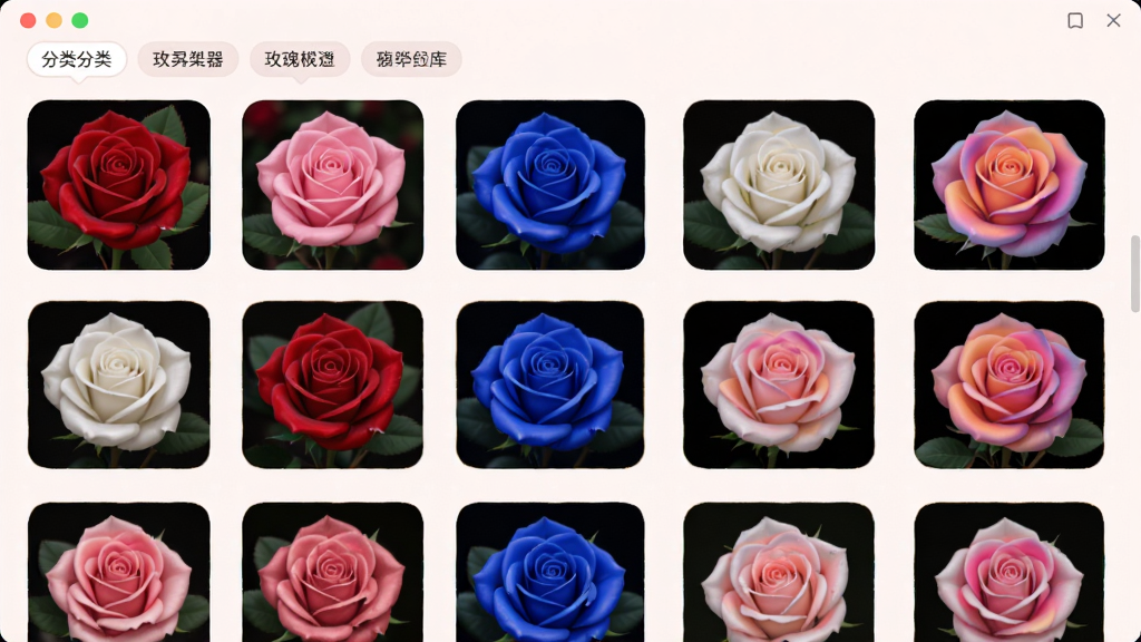 一张展示玫瑰生成器模板库界面的图片,画面中软件窗口内排列着多张不同风格玫瑰模板缩略图,包括红玫瑰、粉玫瑰、蓝玫瑰、白玫瑰与艺术渐变玫瑰,缩略图按网格整齐排列,界面顶部有分类标签,布局清晰,风格为柔和圆角浅色系,细节上每张缩略图玫瑰形态各异,画质清晰,画面干净,无多余元素。