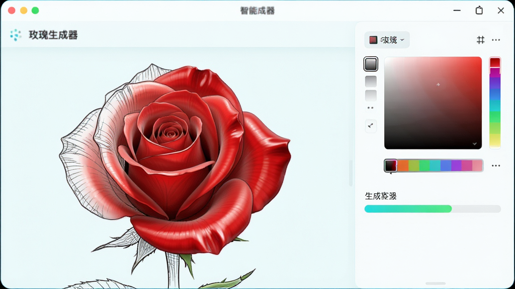 一张展示玫瑰生成器智能生成玫瑰图像的软件界面截图,画面主体为软件窗口,窗口内呈现一朵正在生成中的红玫瑰,花瓣从线稿逐步填充为真实质感,界面右侧有颜色选择器与生成进度条,布局为左右分栏,风格为清新浅色科技风,细节上突出玫瑰花瓣的渐变与光泽,画质清晰,画面干净,无多余元素。