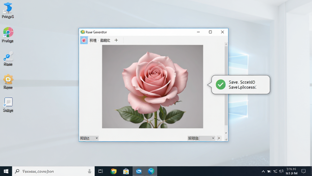 一张展示玫瑰生成器在Windows电脑上运行状态的图片,画面为电脑桌面,软件窗口打开并显示一朵刚生成完成的粉玫瑰,窗口旁边有保存成功的提示气泡,桌面背景简洁,风格为清爽素雅,细节上玫瑰花瓣柔和、软件界面清晰,画质清晰,画面干净,无多余元素。