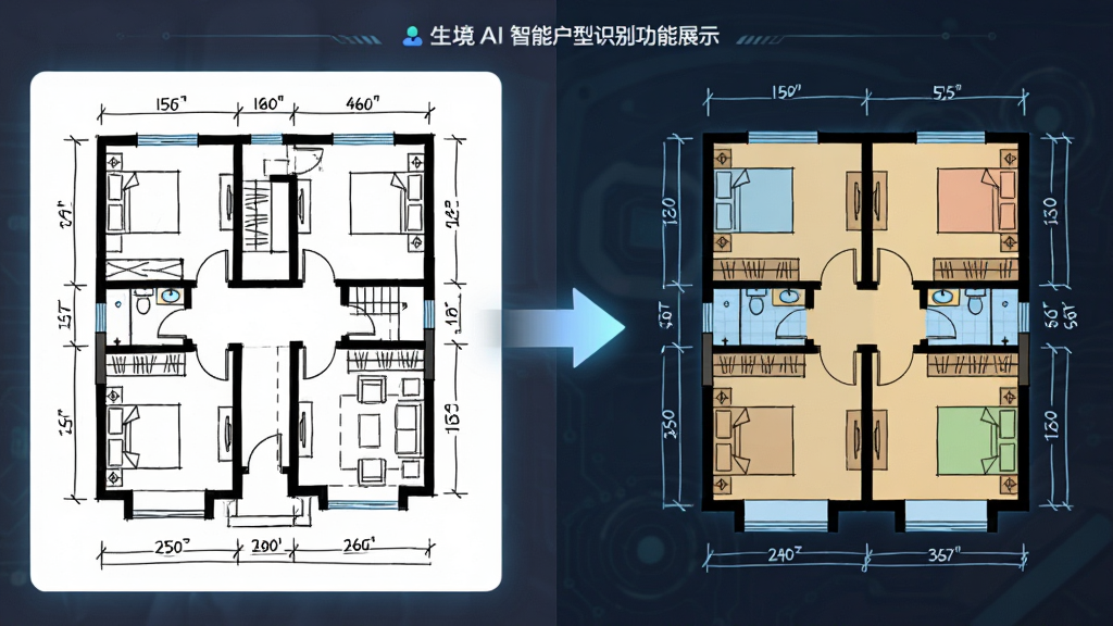 生境AI智能户型识别功能展示,画面左侧是手绘户型草图,右侧是AI自动生成的彩色二维平面图,中间用箭头连接表示识别过程,布局为左右对比式排版,风格为现代科技感UI插画,细节包括墙体线条、门窗标识、尺寸标注和柔和的高光效果,画质清晰,干净,无多余元素