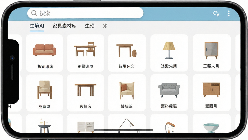 生境AI家具素材库界面,画面展示手机屏幕内分类清晰的家具图标网格,包括沙发、桌椅、灯具等,布局为网格列表式排版,风格为简洁明快的扁平化设计,细节包括每个图标下方的名称标签、顶部的搜索栏和分类标签,画质清晰,干净,无多余元素