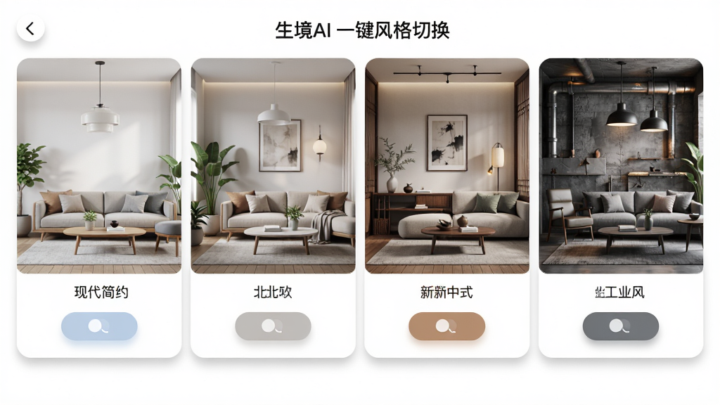 生境AI一键风格切换界面,画面中央是同一客厅的四种不同风格效果图并排展示,分别为现代简约、北欧、新中式、工业风,布局为四宫格排版,风格为清新明亮的UI展示图,细节包括每张效果图下方的风格标签、切换按钮和柔和的阴影效果,画质清晰,干净,无多余元素